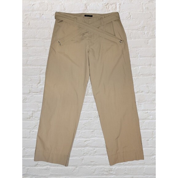 Theory Wide Leg Belted Khaki Pants Womens 33 Tan Cotton Boho Gypsy Office - Picture 1 of 8